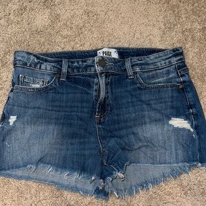 PAIGE Blue Distressed Jean Shorts
